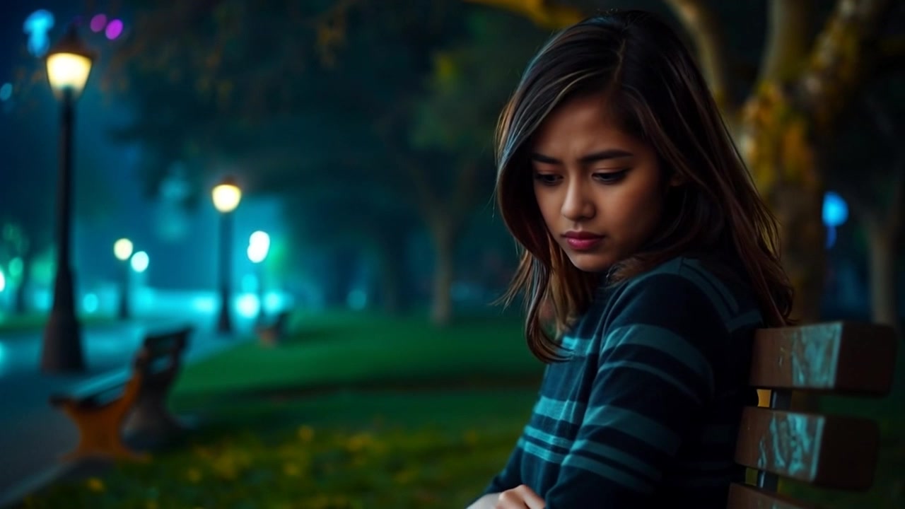 Subject: A young woman with a worried expression. Subject movement: She sits on a park bench, shifting her gaze to her hands and occasionally glancing around, lost in thought. Scene: A serene park setting with lush trees and soft grass surrounding the bench, dappled sunlight filtering through the leaves. Style: Soft, ambient lighting creating a calm atmosphere, with a slightly melancholic tone. Motion: The camera slowly dolly in towards her, capturing her emotional state while revealing the tranquil surroundings as the background gently blurs.