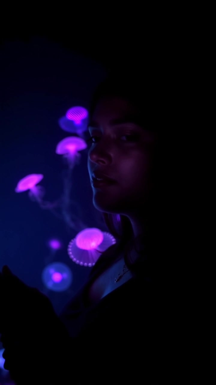 Scene: A dimly lit room, shadows creeping along the walls as night envelops the space. Style: Ambient lighting, creating a somber and introspective atmosphere. Motion: The camera slowly pans around the room, lingering on the stillness and quiet moments, emphasizing Priya's contemplative expression as she absorbs her surroundings.