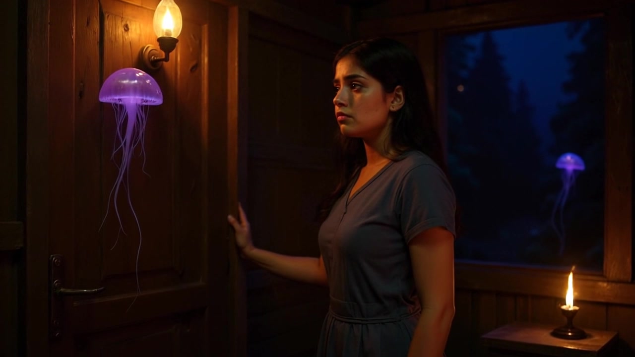 Subject: A young woman standing hesitantly in front of a door, glancing around nervously. Subject movement: She shifts her weight from one foot to the other, biting her lip in anticipation. Scene: An interior hallway with soft shadows, highlighting the textures of the wooden door and the surrounding walls. Style: Dim lighting creating a tense atmosphere, with a faint glow illuminating her face. Motion: The camera slowly zooms in on her expression, capturing the moment's tension before she reaches for the door handle.