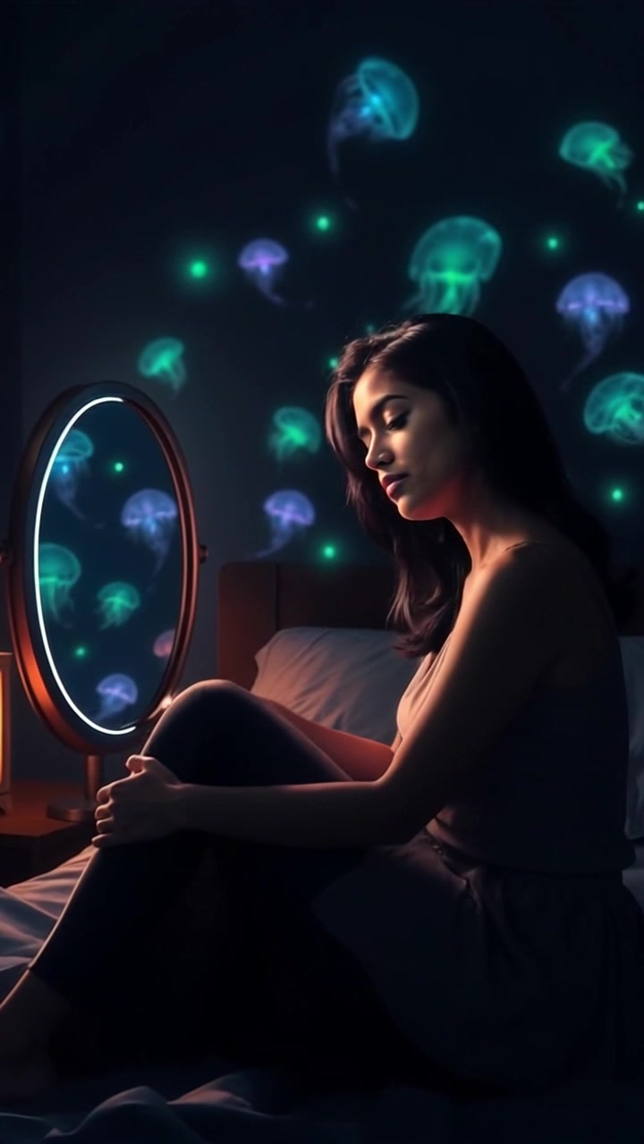 Scene: A cozy bedroom setting, with soft, warm tones and personal touches. Subject movement: A woman sitting on her bed, gazing thoughtfully into a mirror, her expression contemplative as she fidgets with her hair. Motion: The camera gradually pushes in for a close-up on her face, capturing the subtleties of her emotions and the gentle play of light on her features, creating an inviting atmosphere.