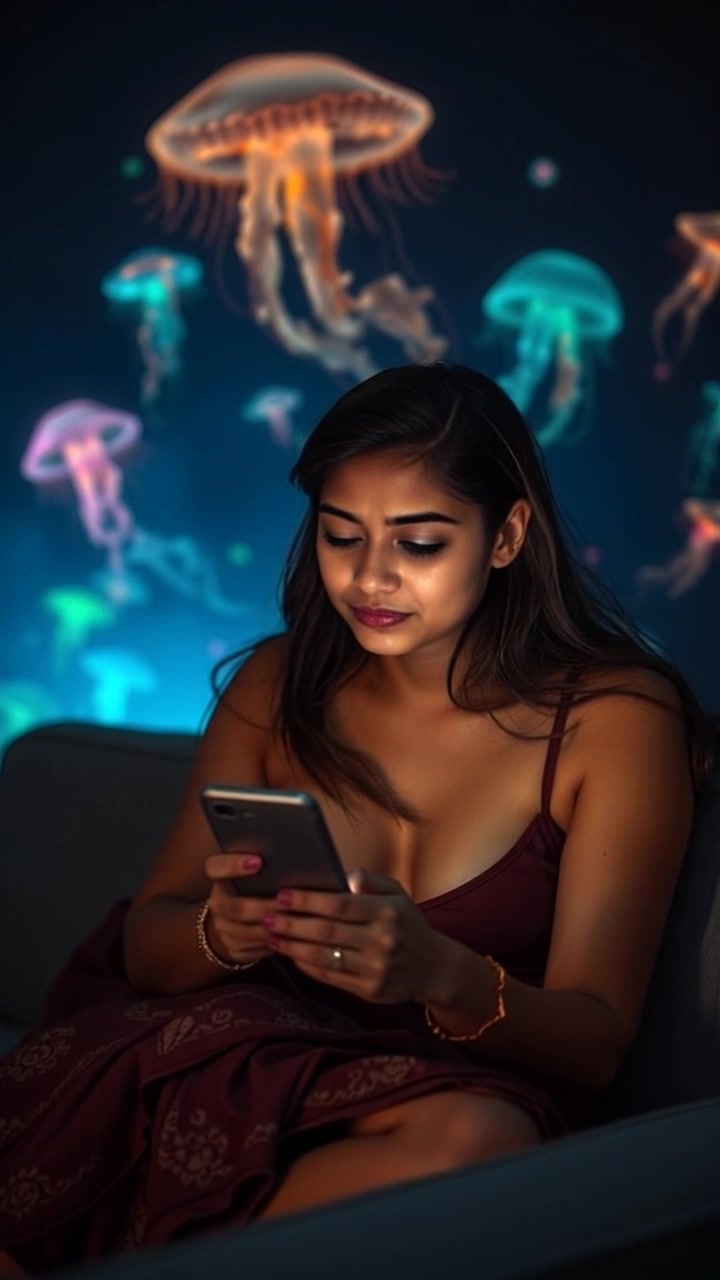 Subject: A young woman sitting on a couch, scrolling through her phone with a blank expression. Scene: A cozy living room with soft lighting and plush furnishings, creating a relaxed atmosphere. Motion: The camera pushes in slowly to focus on her face, capturing subtle shifts in her expressions while her fingers glide across the phone screen, as ambient light softly envelops the space, enhancing the moment's tranquility.