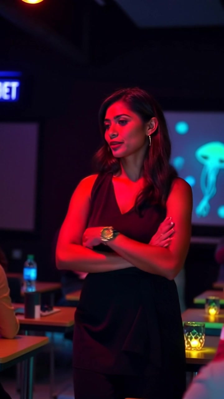 Subject: A confident teacher addressing her students in a classroom. Subject movement: She gestures expressively, engaging the class. Scene: A bright classroom setting with students seated at desks and a projector screen displaying colorful graphics behind her. Style: Ambient lighting with warm tones creating an inviting atmosphere. Motion: Handheld camera tracking shot moves smoothly around the classroom, capturing the teacher's dynamic presence and students' attentive reactions.