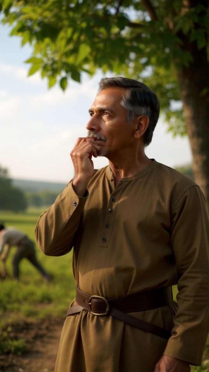 Subject: A pensive individual standing under a sprawling tree, deep in thought with a hand resting on their chin. Subject movement: The figure occasionally shifts between looking up at the leaves and gazing downward, as if lost in reflection. Scene: A sun-dappled grove with sunlight filtering through the lush green canopy, enhancing the serene atmosphere. Style: Soft morning light creating gentle shadows, imbuing the scene with a peaceful, introspective mood. Motion: The camera performs a slow, subtle push in towards the subject, capturing the contemplative expression while the surrounding leaves sway gently in the breeze.