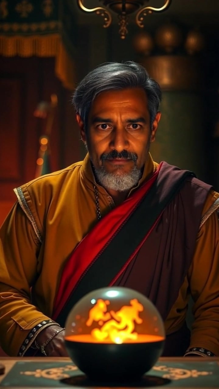 Subject: A man standing in a dimly lit room. Subject movement: The man's eyes widen in surprise as he leans slightly forward to get a closer look at the unusual object on the table. Scene: A shadowy, atmospheric room with soft ambient lighting that casts intriguing shadows. Motion: Camera gently pushes in closer to the man's face, capturing his expression of curiosity and wonder, before pulling back to reveal the mysterious object on the table.