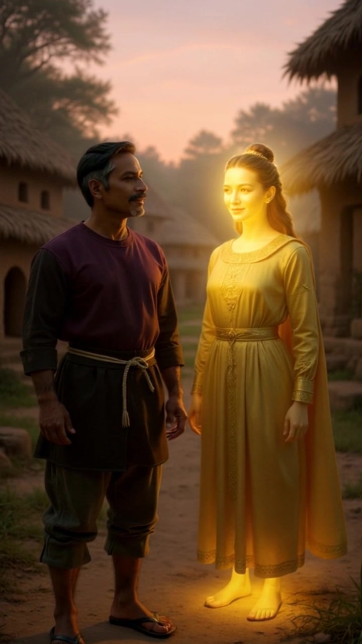 Subject: A man in traditional attire standing next to a glowing woman in a long yellow gown. Subject movement: The woman gently sways as a soft breeze catches her gown, while the man stands confidently with a slight smile. Scene: Rustic village at dusk, with thatched-roof houses softly illuminated in the background. Style: Warm, soft ambient light casting a gentle glow on the scene, creating an inviting atmosphere. Motion: Camera slowly pushes in on the couple, capturing their expressions against the backdrop of the glowing dusk sky.
