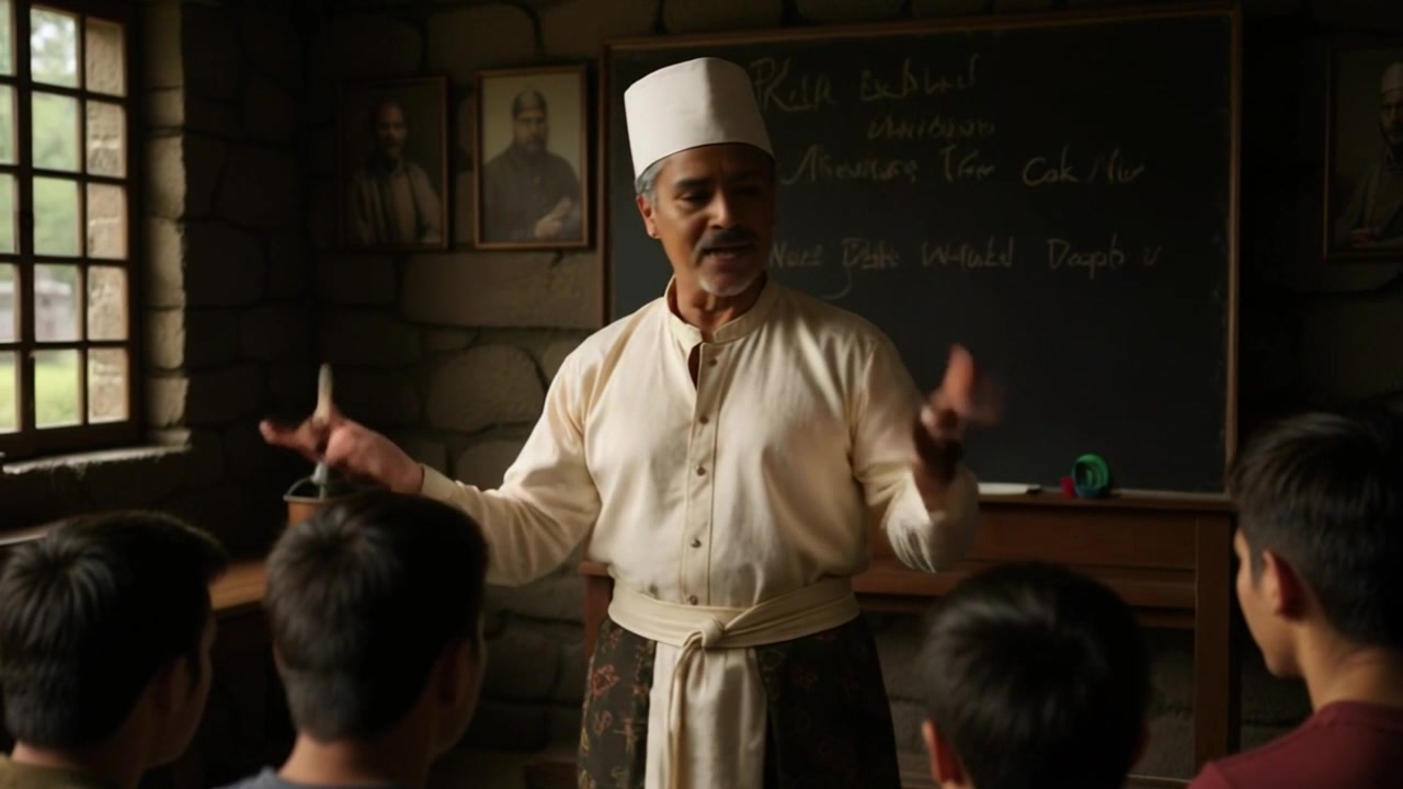 Subject: A teacher passionately explaining a lesson. Subject movement: The teacher gestures animatedly while addressing the students. Scene: A vibrant classroom filled with eager students sitting at their desks, blackboard covered in colorful chalk writing. Style: Warm, inviting lighting emanating from large windows that wash the room in soft, natural light. Motion: Camera slowly zooms in on the teacher as they engage with the class, capturing the dynamic energy of the learning environment.