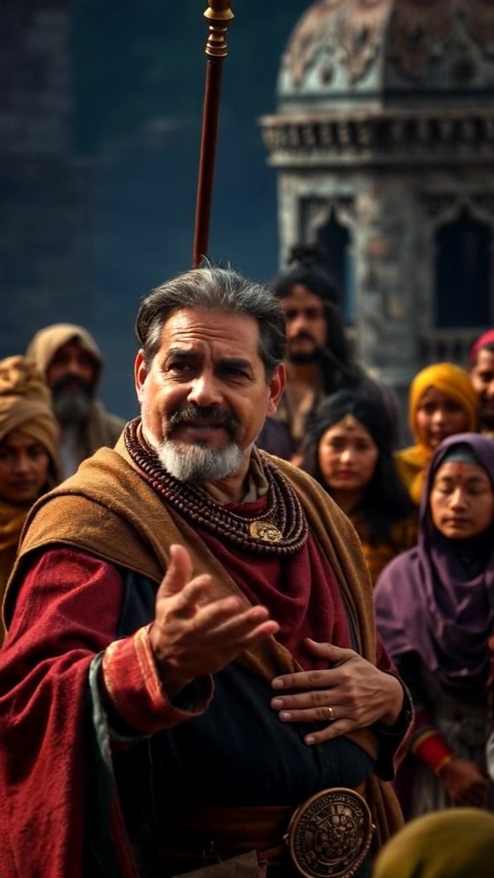 Subject: A charismatic leader animatedly addressing a group of villagers. Subject movement: The Raj gestures passionately while speaking, engaging the listeners with expressive hand movements. Scene: A vibrant village square with colorful decorations and a diverse audience gathered around, captivated by the speech. Style: Warm, midday lighting highlighting the enthusiasm on everyone's faces, creating an inviting atmosphere. Motion: The camera slowly zooms in on the Raj's expressive face, then pans across the attentive villagers, capturing their reactions in a dynamic, flowing manner.