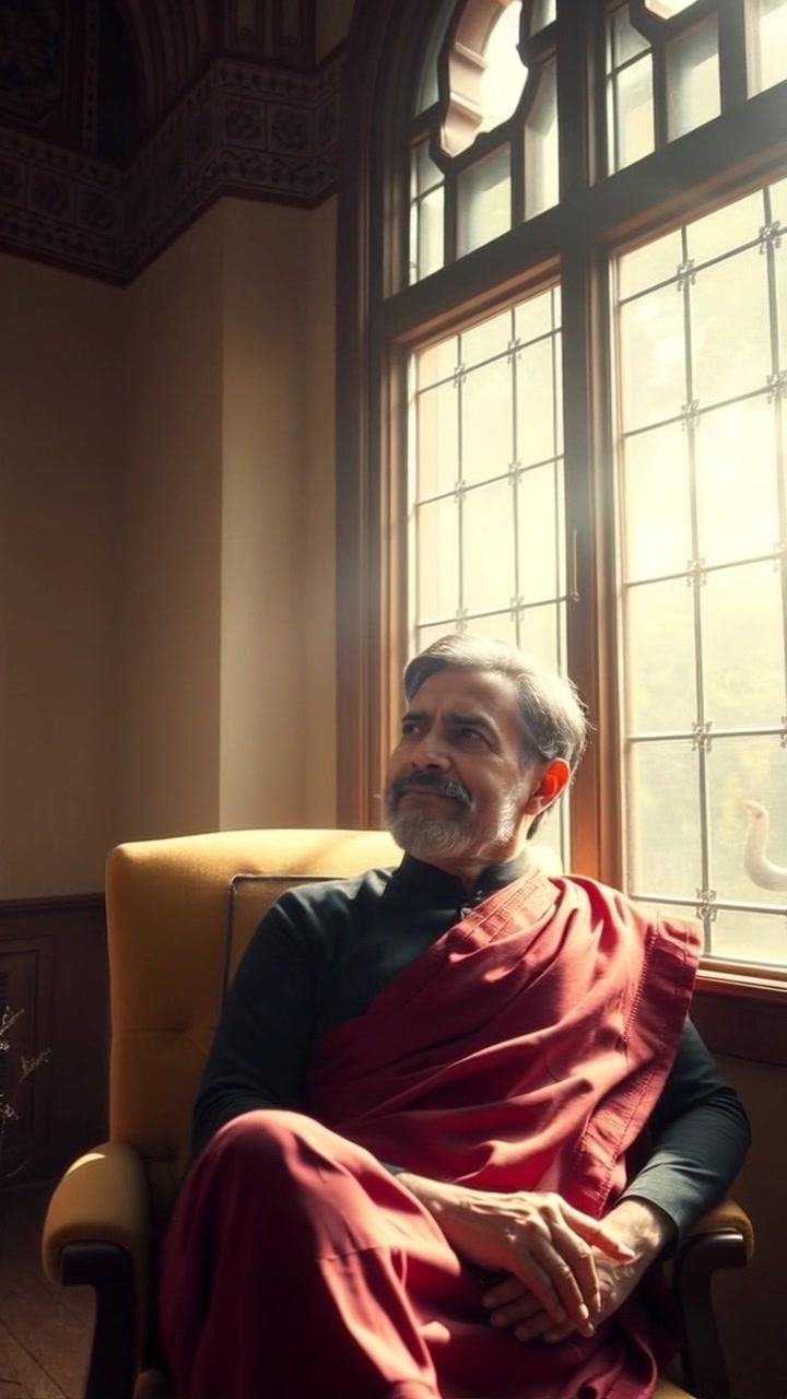Subject: A person sitting in an armchair, deep in thought. Scene: Cozy living room illuminated by soft sunlight streaming through a nearby window, casting warm shadows across the floor. Motion: The camera performs a slow push-in towards the subject, gradually revealing the depth of the room and enhancing the intimate atmosphere.