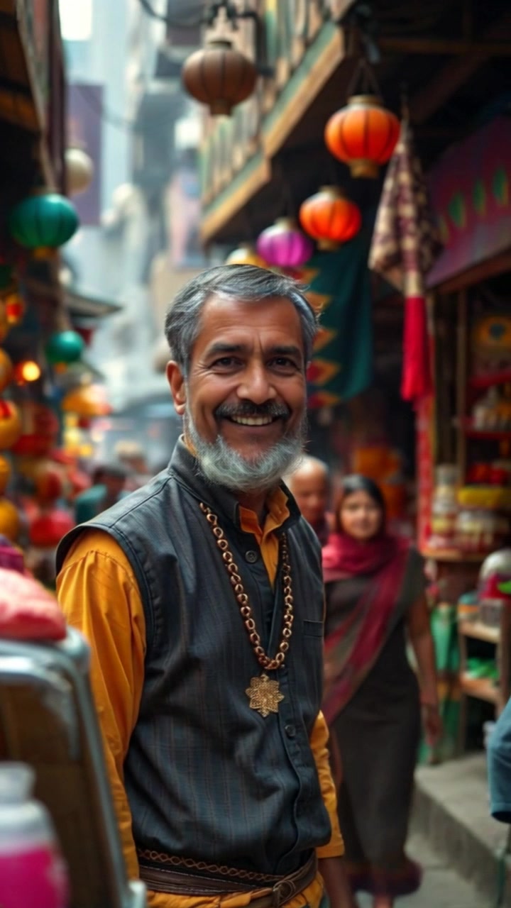 Subject: A middle-aged vendor smiling and gesturing to customers in a bustling street market. Subject movement: The vendor warmly interacts with passersby while adjusting items on his colorful stall. Scene: A vibrant street market filled with various colorful stalls, flanked by enthusiastic shoppers. Style: Bright, cheerful lighting with a lively atmosphere. Motion: Camera pans smoothly across the market, capturing the vibrant exchanges and colorful displays, focusing in on the vendor’s engaging smile.