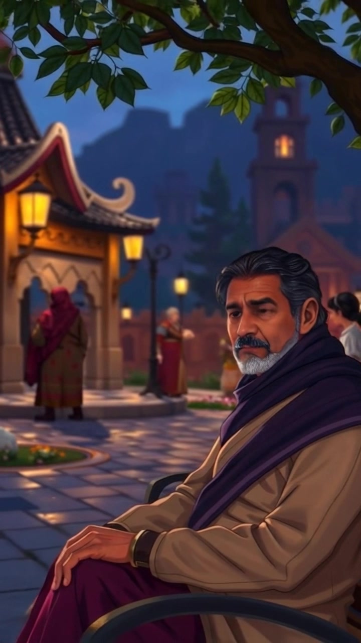 Subject: Raj sitting on a bench in the village square, observing his surroundings. Subject movement: A slight smirk appears on his face as he reacts to the lively interactions of the villagers. Scene: A bustling village square filled with people engaging in various activities, surrounded by quaint shops and vibrant flowers. Style: Bright, natural daylight with hints of soft shadows. Motion: The camera starts with a close-up of Raj's face, then slowly pulls back to reveal the lively scene around him, capturing the energy and charm of the village.
