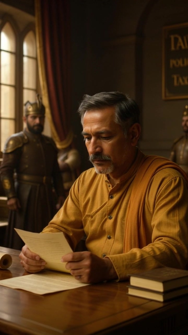 Scene: A cluttered study room filled with scrolls and books, sunlight filtering through a nearby window, illuminating the dust particles in the air. Style: Warm, inviting afternoon light creating a cozy atmosphere. Motion: Camera gently pushes in on Raj as he focuses intently on a document, the desk's details coming into sharper view as his brow furrows in concentration.