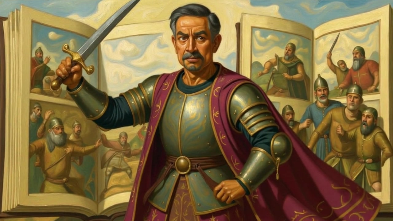 Subject: A warrior standing boldly on a battlefield. Subject movement: The warrior stands still, sword drawn, exuding confidence while enemy warriors in the background appear fearful and agitated. Scene: A tense battlefield atmosphere with a blend of dark skies and flowing flags, setting a dramatic tone. Style: Dramatic low-key lighting accentuates the tension in the scene, casting long shadows across the ground. Motion: The camera slowly zooms in on the warrior, capturing the details of the sword and the expressions of the fearful warriors in the background, heightening the sense of impending conflict.