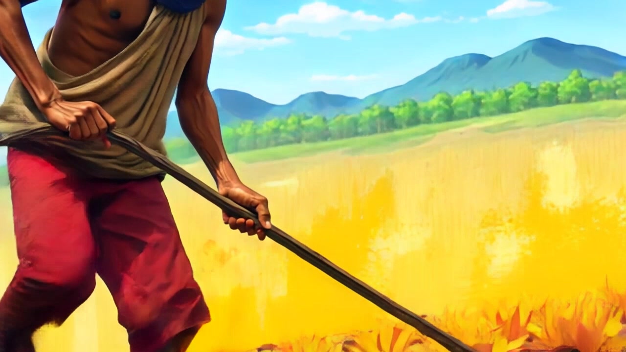 Subject: A determined individual tilling the land with a sturdy plow. Subject movement: The individual pulls the plow through the fertile soil, muscles straining with effort. Scene: Expansive field under a clear blue sky, surrounded by lush greenery and distant mountains. Style: Warm morning light creates a bright and inviting atmosphere. Motion: The camera tracks alongside the individual, capturing their focused expression and the movement of the plow cutting through the earth.