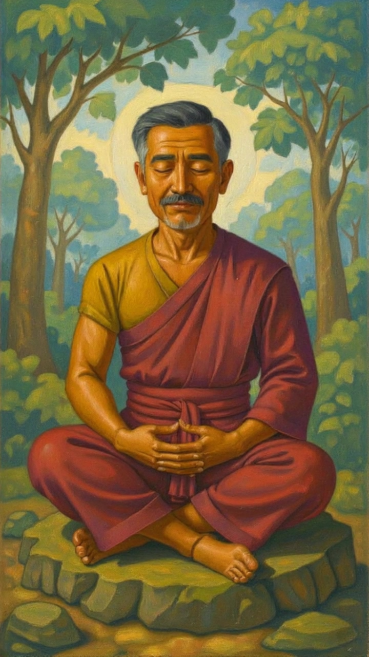 Subject: Raj sitting cross-legged on a rocky outcrop, eyes closed in meditation. Subject movement: He remains still and serene, embodying tranquility amid nature. Scene: A peaceful forest setting surrounding the rocky outcrop, with tall trees and soft, dappled sunlight filtering through the leaves. Style: Gentle, ambient light enhancing the natural colors of the forest, emphasizing the calm atmosphere. Motion: A slow, sweeping camera move that circles around Raj, capturing the serenity of the moment while revealing the lush greenery of the forest in the background.