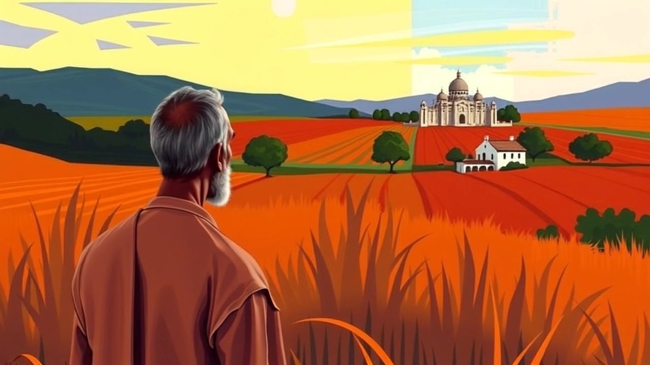 Subject: A contemplative figure standing in a lush green field. Subject movement: The figure gazes thoughtfully out towards the distant village, where a gentle breeze rustles the tall grass. Scene: Expansive field landscape with rolling hills, dotted with wildflowers and the small village settled in the background. Style: Soft, natural lighting highlighting the vibrant greens of the field under a clear blue sky. Motion: Start with a close-up of the figure's face, then smoothly pull back the camera, revealing the vastness of the field, as it glides through the grass with a serene, sweeping motion.
