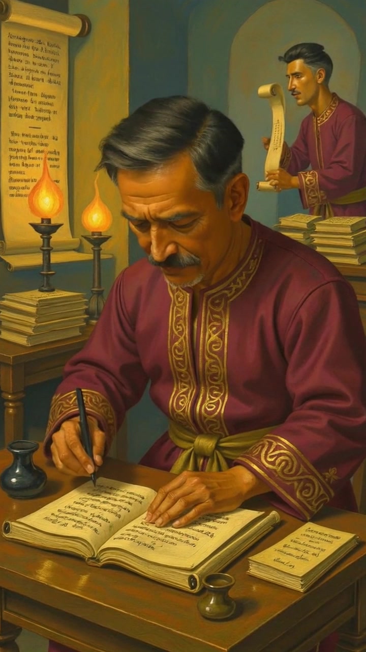 Scene: A cozy study room with a wooden desk cluttered with scrolls and ink pots, warm light filtering through a nearby window. Style: Soft ambient lighting creates a tranquil atmosphere, with a rich wooden texture enhancing the inviting space. Motion: The camera slowly zooms in on the desk, capturing intricate details of the scrolls and ink as they slightly shift, hinting at a gentle breeze, while focusing on the peaceful ambiance.