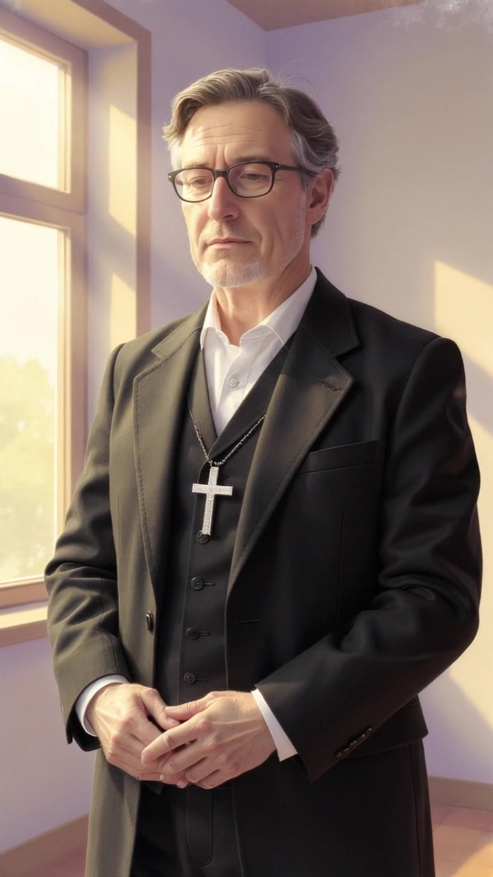 Subject: A person standing quietly in a sunlit room, deep in thought with a slight frown on their face. Scene: Bright, airy room with soft natural light filtering through large windows, casting gentle shadows across the floor. Motion: The camera slowly pushes in for a closer view, highlighting the person's contemplative expression as the ambient light creates a warm atmosphere.