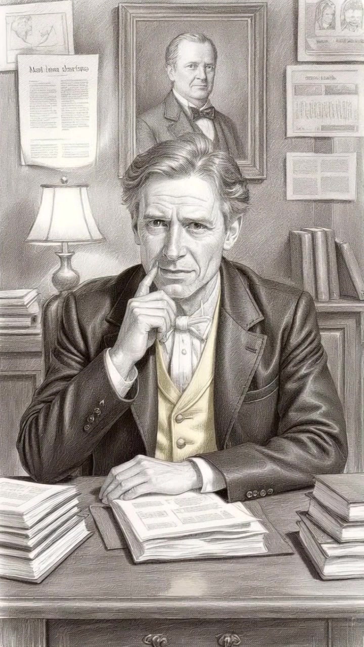 Scene: A middle-aged man in a suit and bow tie seated at a cluttered desk filled with books, thoughtfully resting his hand on his face in an academic study. Style: Warm ambient lighting enhances the cozy, introspective atmosphere, with framed portraits and documents creating depth in the background. Motion: Camera slowly pushes in, capturing the details of the desk and subtly shifting focus to the man's contemplative expression.