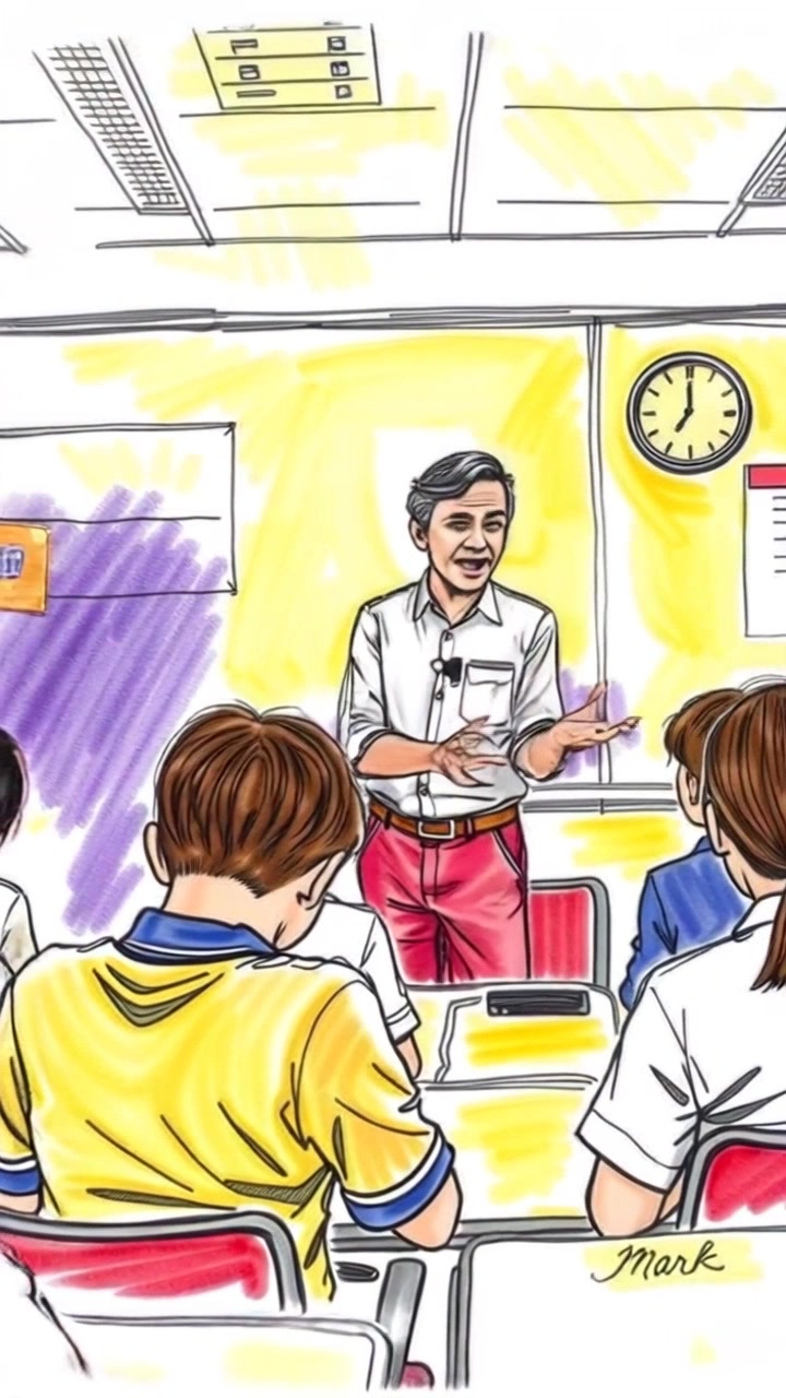 Subject: Mr. Baldwin engaging with students in a classroom. Subject movement: He gestures animatedly while speaking, capturing the attention of the classroom. Scene: A vibrant classroom filled with diverse, attentive students seated at their desks, with colorful educational posters on the walls. Style: Bright overhead lighting enhances the lively atmosphere, promoting engagement and learning. Motion: The camera performs a smooth dolly-in shot, focusing on Mr. Baldwin as he interacts with the class, then pans to capture the intrigued expressions of the students.
