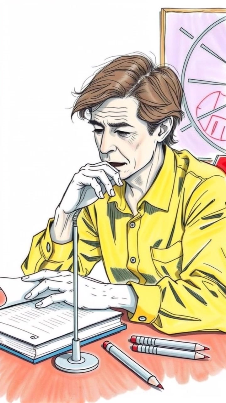 Subject: A person sitting at a wooden table. Subject movement: The person occasionally writes in their notebook with a pen, deep in thought. Scene: A cozy study area filled with warm, ambient lighting; bookshelves line the walls, and a small desk lamp casts a gentle glow. Motion: Camera slowly pushes in on the subject, capturing intimate details of their focused expression and the pages of the notebook as the pen glides across the paper.
