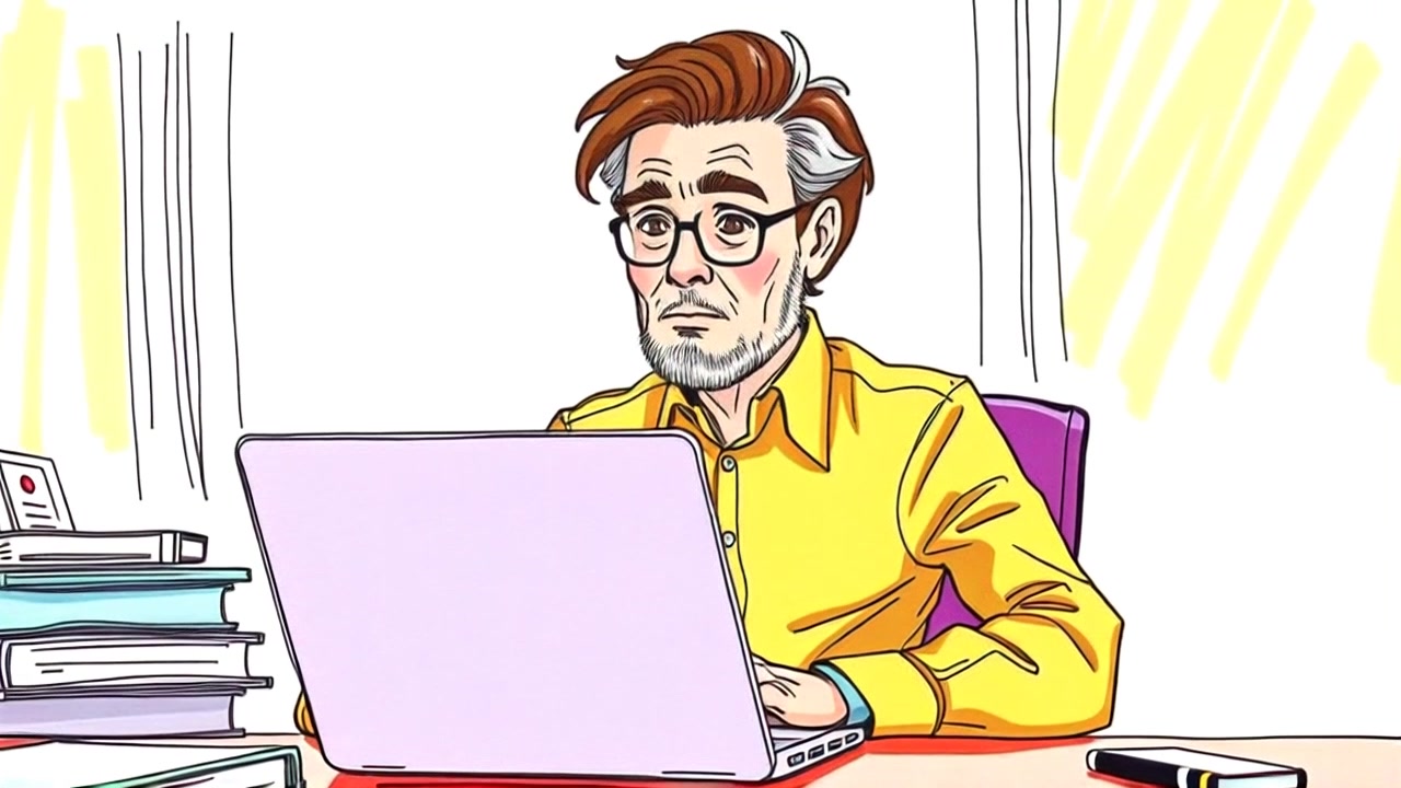Subject: A person sitting at an office desk, looking thoughtful while focused on the open laptop. Scene: A modern office environment with a sleek desk, soft lighting, and minimalistic decor. Motion: The camera gently pushes in for a closer view, capturing subtle facial expressions and soft reflections on the laptop screen, creating an introspective atmosphere.