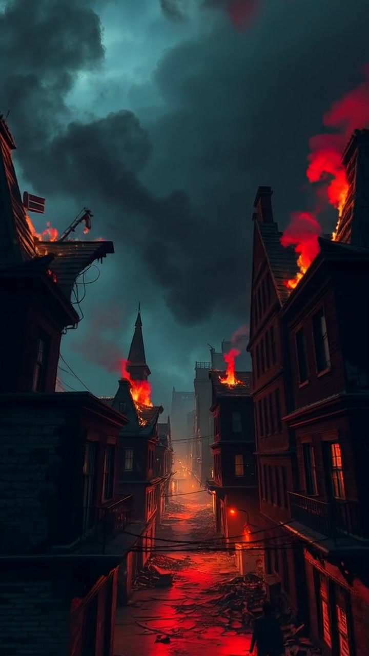 Scene: A devastated cityscape with smoldering fires and smoke drifting over the ruins. Style: The lighting is dim with harsh contrasts illuminating the fiery remnants, creating a moody and somber atmosphere. Motion: The camera moves through the desolate streets in a smooth handheld tracking shot, capturing the devastation and lingering smoke as it weaves between collapsed buildings.