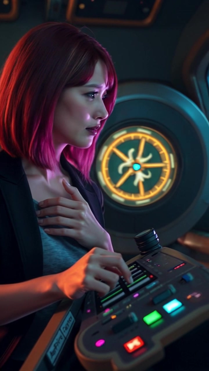 Subject: Emma, looking frustrated, standing at a futuristic control panel. Subject Movement: She sighs deeply, her hands resting on the controls as she gazes sadly at a vast space squid floating outside. Scene: A dimly lit spaceship cockpit, with glowing control panels lining the walls and a large viewport showing the mesmerizing, colorful tentacles of the space squid drifting in the depths of space. Style: The lighting is cool and ambient, creating a bittersweet atmosphere. Motion: The camera slowly pans from Emma's expression to the immense space squid outside, capturing the contrast between her resignation and the beauty of the critter.