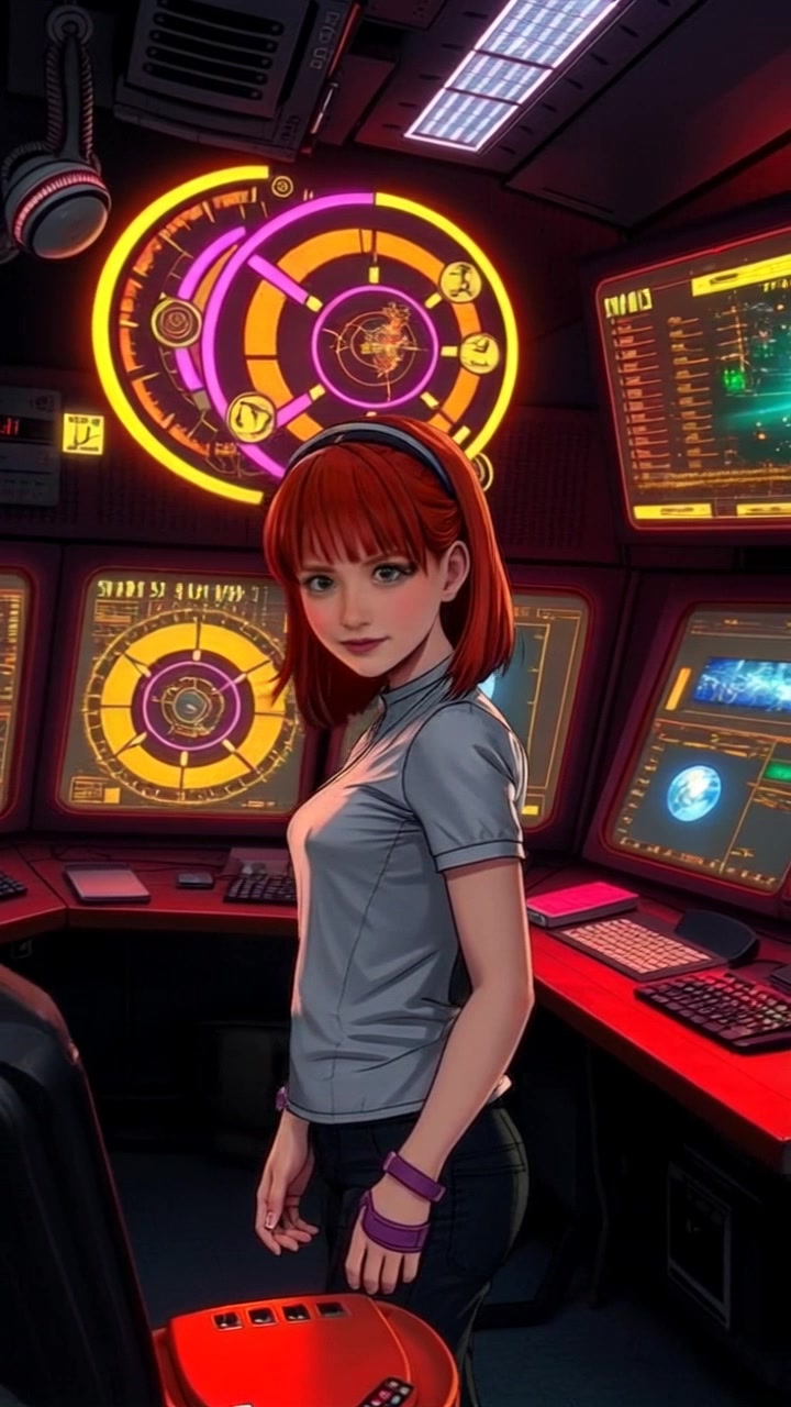 Subject: A focused individual in a high-tech control room, monitoring screens filled with spatial data. Subject movement: Emma shifts her gaze between the screens, demonstrating intent and concentration. Scene: A futuristic control room filled with glowing monitors and sophisticated equipment, accentuated by digital graphs and live feeds from space explorations. Style: Ambient blue and green lighting, highlighting the advanced technology and creating a high-tech atmosphere. Motion: The camera slowly pans around Emma, capturing her interactions with the screens and the vibrant displays of data.