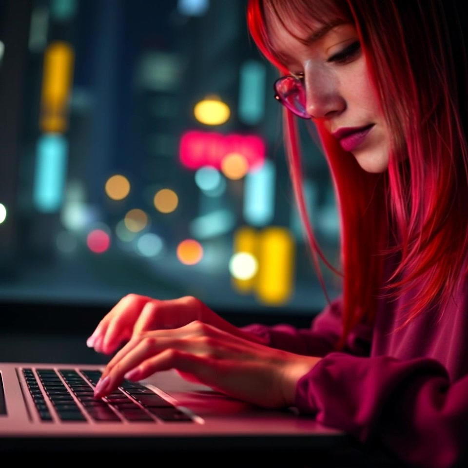 Scene: Close-up of hands typing rapidly on a laptop, illuminated by a soft glow from the screen in a cozy workspace. Style: Warm, inviting lighting with a focus on the delicate details of the fingers in motion. Motion: The camera smoothly zooms in, capturing the rhythm of typing as the fingers dance across the keyboard, the glow enhancing the intimate atmosphere.