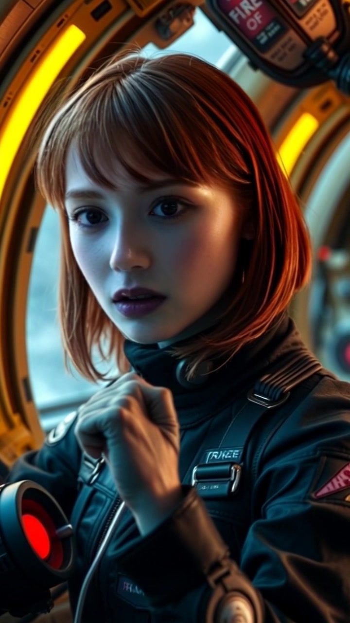 Subject: A woman with a worried expression gripping the controls of a spaceship. Subject movement: She glances sideways, tightening her grip as the spaceship shakes. Scene: Inside a futuristic spaceship cockpit filled with blinking lights and high-tech controls, the console illuminated by an eerie blue glow. Style: Dramatic low-key lighting heightens the tension in the cockpit, casting shadows across her worried face. Motion: The camera slowly zooms in on her face, capturing the intensity of her emotions, then pans to reveal the chaotic dashboard behind her.