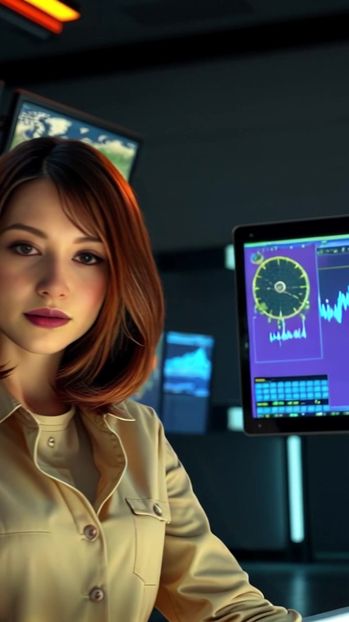 Scene: A high-tech laboratory filled with multiple screens displaying real-time atmospheric data. Style: Bright, artificial lighting highlighting the futuristic technology and sleek surfaces of the lab. Motion: The camera smoothly glides through the space, capturing various angles of the screens as they flicker with data, before focusing in on a specific screen with intricate graphs that animate and change in real-time.