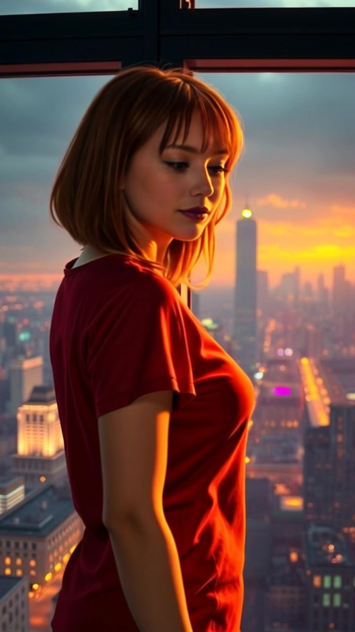 Subject: A woman standing in front of a large window, gazing at a stunning city skyline. Scene: Bright city view with skyscrapers bathed in the glow of sunset. Motion: The camera slowly zooms in, capturing her expression of awe, while the cityscape subtly shifts in the background to emphasize the bustling urban life. Lighting: Warm, golden light highlighting the contours of the buildings and a soft reflection on the window. Atmosphere: Inviting and expansive, filled with a sense of wonder.