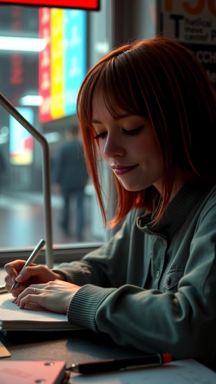 Subject: A young woman at a desk, deeply engaged in writing. Subject movement: She occasionally pauses to reflect, twirling a pen between her fingers. Scene: Cozy study space surrounded by shelves filled with books, warm and inviting ambiance. Style: Soft, ambient lighting creates a serene atmosphere, enhancing the thoughtful mood. Motion: The camera slowly zooms in on her concentrated expression, capturing the delicate movements of her hand as she writes.