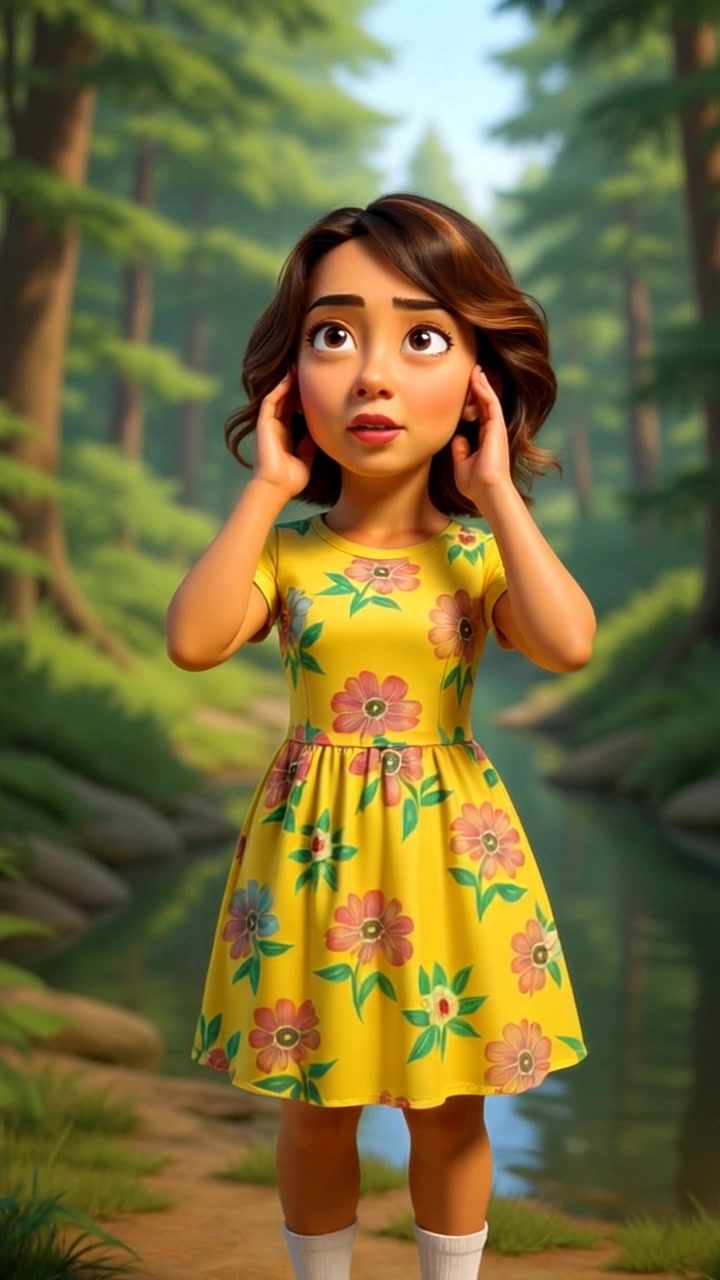 Subject: Laila standing still in a serene forest, listening intently as dappled sunlight filters through the trees. Scene: A peaceful forest scene with tall trees and shafts of light breaking through the foliage, creating a tranquil atmosphere. Motion: A gentle push-in camera movement towards Laila, capturing the intricate play of light and shadow on her face as she remains absorbed in her surroundings, enhancing the sense of calm and focus.