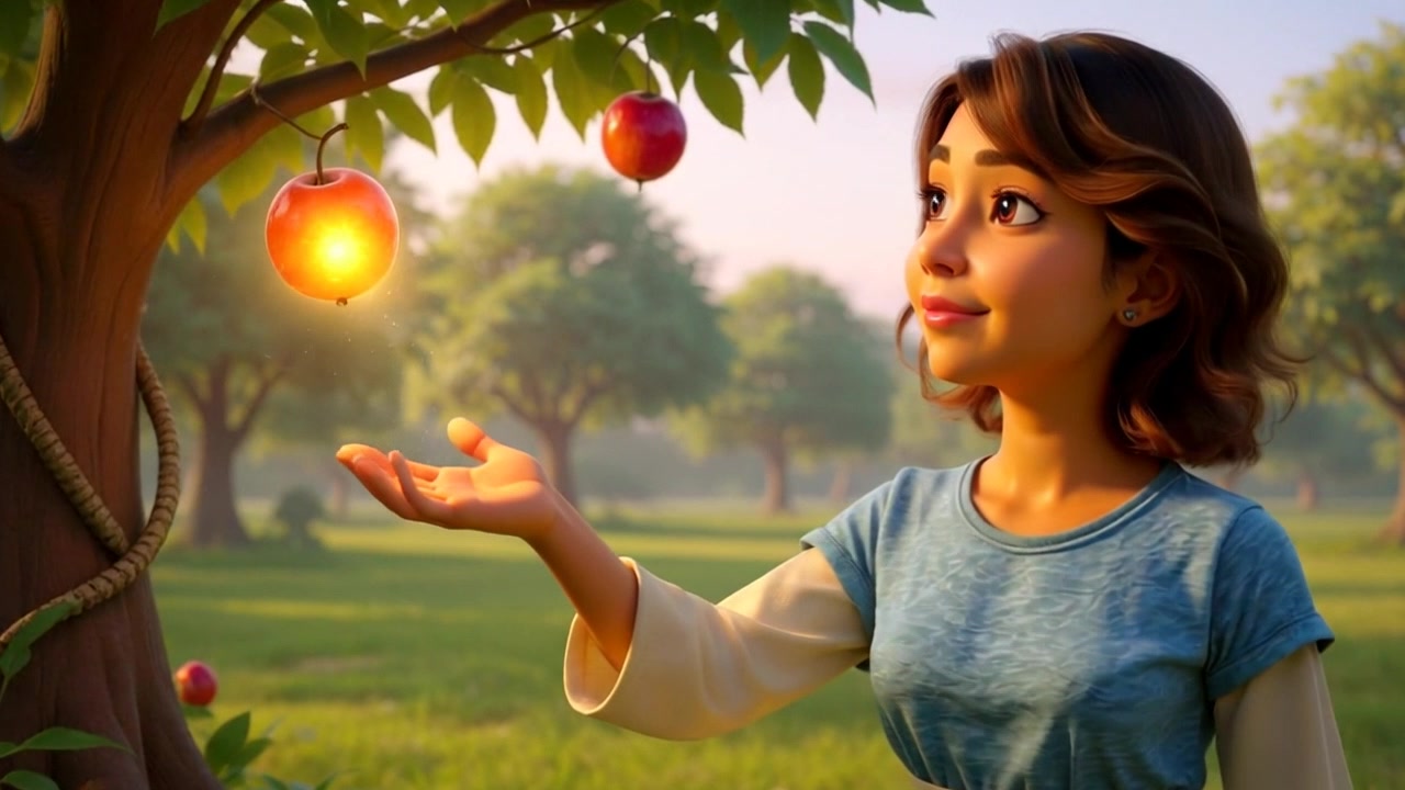 Subject: A character reaching out toward a glowing fruit on a tree. Subject movement: The hand extends slowly, fingers gently curling towards the radiant illumination. Scene: Lush green forest filled with trees, dappled sunlight filtering through the leaves, creating a mystical atmosphere. Style: Warm, inviting lighting that enhances the glowing fruit's allure. Motion: The camera pushes in dramatically towards the fruit, capturing the moment of connection as the character's hand draws closer, with a focused depth of field that blurs the surrounding foliage.