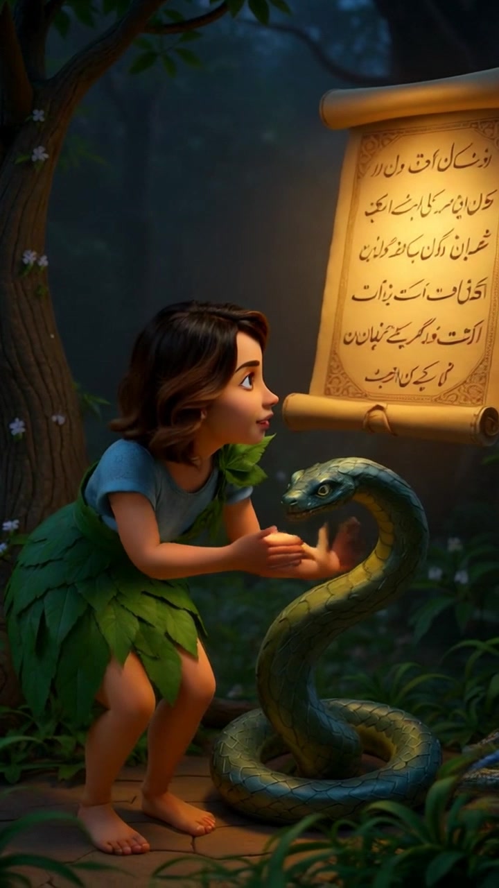 Subject: A young animated girl with short brown hair, barefoot, wearing a leafy skirt and blue shirt. Subject movement: She curiously leans forward, reaching for the glowing scroll next to her. Scene: Enchanted forest setting filled with lush greenery, sunlight filtering through the leaves, while a coiled snake rests nearby. Style: Soft, ethereal lighting enhances the magical atmosphere, with a warm, inviting glow surrounding the scroll. Motion: Handheld camera tracking shot as the girl moves gracefully, creating a sense of wonder, while the camera subtly pans to reveal the vibrant flora surrounding her.
