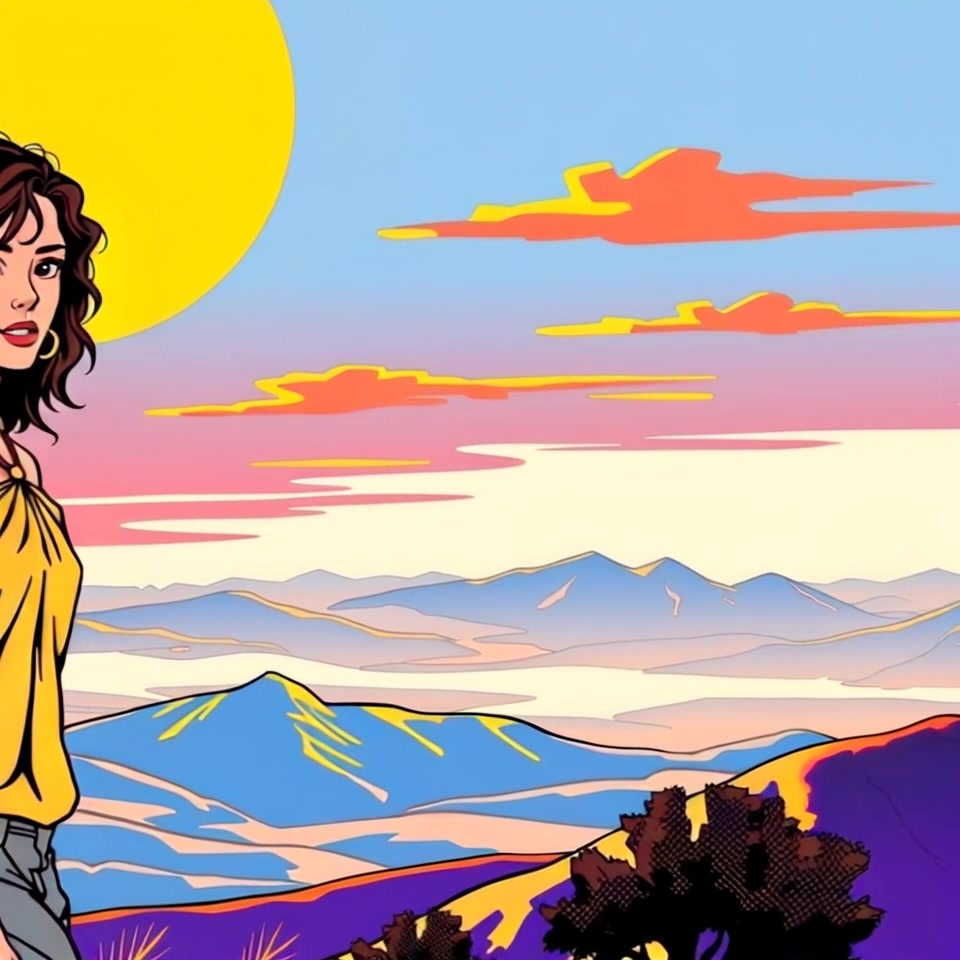 Subject: A person standing on a hilltop. Subject movement: The person stands still, gazing out over the vast landscape. Scene: A stunning sunset illuminates a sprawling vista with distant mountains, bathed in hues of orange and purple. Style: Warm, glowing sunset light envelops the scene, providing a tranquil and serene atmosphere. Motion: Camera begins with a slow zoom-in towards the person, capturing the breathtaking view before panning dramatically to reveal the expansive landscape.