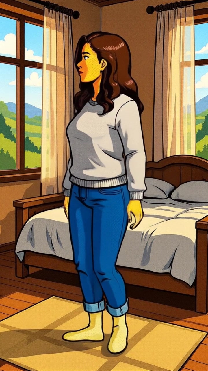 Subject: A young woman with brown hair standing barefoot on a rug. Subject movement: She shifts her weight from one foot to the other, gazing out the window. Scene: Cozy bedroom with warm lighting, two windows framing a scenic landscape in the background. Style: Soft, morning light casting gentle shadows in the room, creating an inviting atmosphere. Motion: Camera starts with a close-up of her face, then slowly pulls back, revealing the serene bedroom setting as she admires the view.