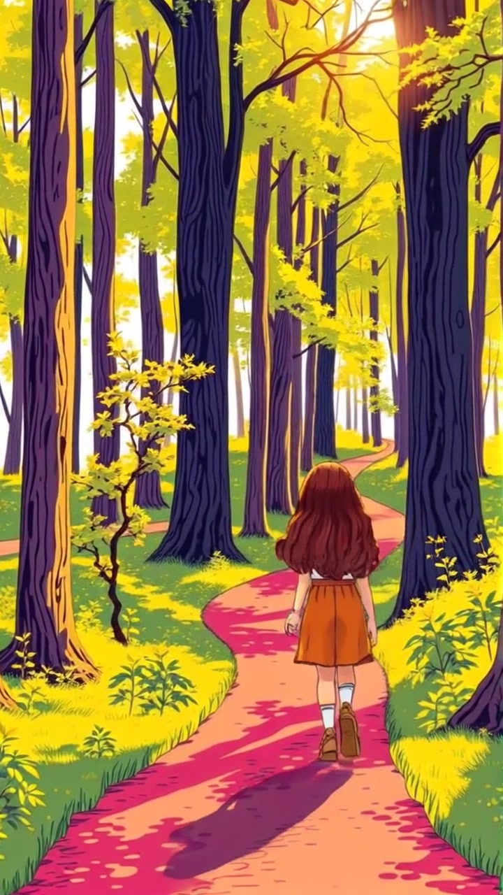 Subject: Maya walking. Subject movement: She strolls gracefully along a winding forest path, her footsteps light on the soft earth. Scene: Enveloped by tall trees, with sunlight filtering through the vibrant green leaves, creating a dappled pattern on the ground. Style: Warm, inviting light that enhances the lush greenery. Motion: The camera follows Maya from a low angle, gently tracking her movement as she navigates the twists and turns of the path, capturing the enchanting forest atmosphere.