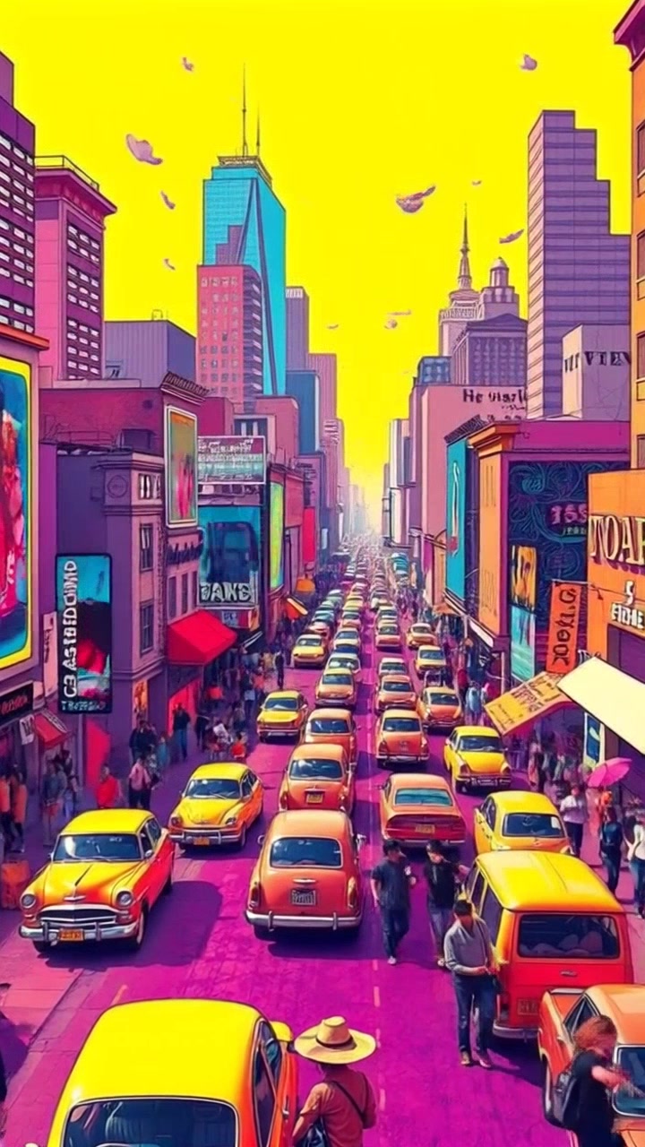 Scene: A bustling city street teeming with people and traffic, set against towering skyscrapers. Style: Bright daylight creating a vibrant urban atmosphere, reflecting the energy of the city. Motion: The camera weaves through the crowd and cars, capturing dynamic movement, with a slight upward tilt to emphasize the impressive heights of the skyscrapers above.