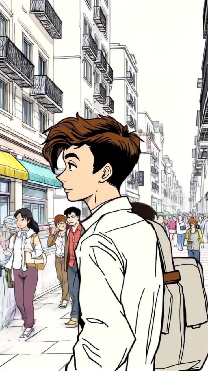 Subject: The Amir walking purposefully along a bustling city street, deep in thought. Subject movement: He strides calmly, his expression contemplative as the surrounding crowd moves energetically around him. Scene: A lively urban street filled with pedestrians and vibrant storefronts, creating an atmosphere of daily life. Style: Bright daylight enhancing the varied colors of the city, cast in a warm, inviting light. Motion: The camera follows the Amir in a smooth tracking shot, weaving through the crowd, allowing brief glimpses of busy street life while keeping the focus on his introspective demeanor.