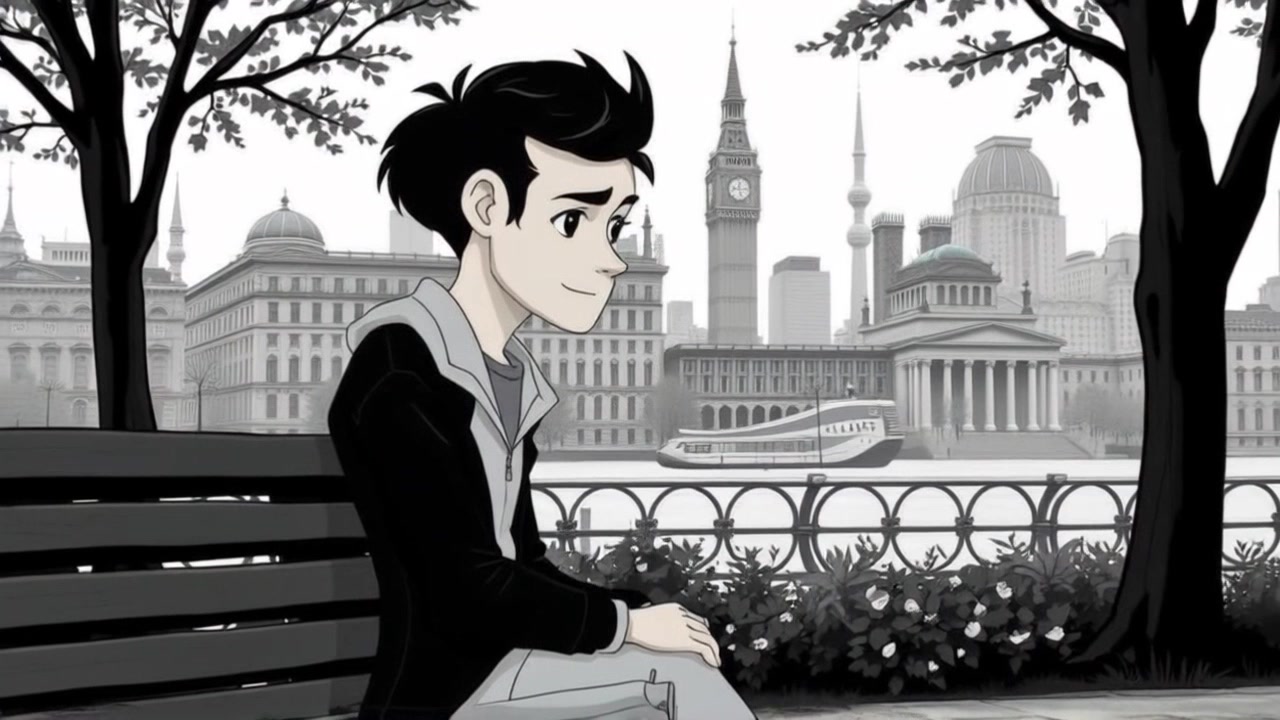 Subject: A person sitting on a park bench with a thoughtful expression. Scene: A serene city park with a bustling cityscape in the background, lush green trees framing the bench. Style: Soft, ambient lighting as the sun sets, casting a warm glow over the scene. Motion: The camera slowly zooms in on the person, capturing a reflective moment, while gently panning to include the city skyline as the backdrop.