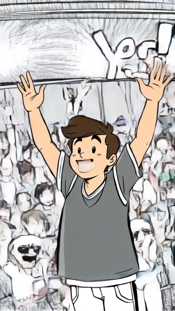 Subject: A young man celebrating triumphantly with arms raised, joyfully shouting in elation. Subject movement: The man bounces slightly on his feet, radiating energy as he engages the cheering crowd behind him. Scene: An ecstatic outdoor event filled with a vibrant, thronging crowd, banners waving in the air. Style: Bright, daylight conditions that create an inviting atmosphere filled with warmth and enthusiasm. Motion: The camera performs a dynamic tracking shot, weaving through the crowd, circling around, and tightening in on the man's expressive face, capturing the contagious excitement of the moment.