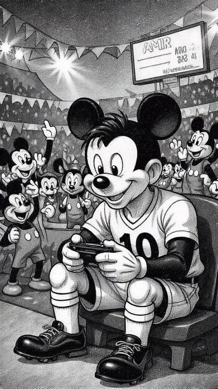 Subject: Sporty Mickey Mouse playing a handheld video game on a bench. Subject movement: Mickey's eyes dart around as he intently engages with the game, adding a slight bounce to his posture. Scene: Inside a vibrant stadium filled with excited Mickey Mouse characters cheering, surrounded by colorful flags fluttering in the atmosphere. Style: Bright ambient lighting highlighting the playful spirit of the event. Motion: Camera pushes in slowly on Mickey, capturing his focused expression, before panning to reveal the cheering crowd in the background.