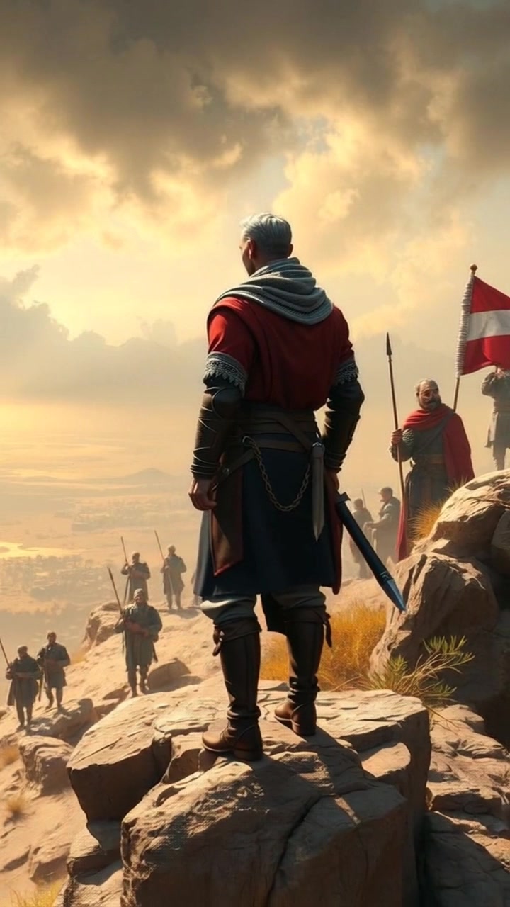 Subject: A determined figure standing on a rocky outcrop. Subject movement: The figure surveys the landscape, gazing intently at the weary army below. Scene: A rugged rocky outcrop with parched travelers in the background and a vast, arid landscape stretching beyond. Style: Harsh midday sunlight casts stark shadows, emphasizing the fatigue and struggle of the travelers. Motion: Camera begins with a close-up of the figure's contemplative expression, then slowly pulls back to reveal the expansive view, creating a sense of scale and gravitas.