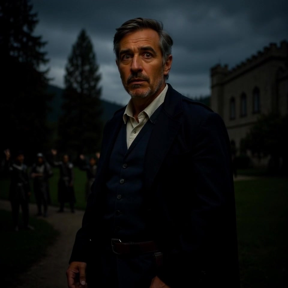 Subject: A middle-aged man with gray hair and a beard stands firmly outdoors at dusk, wearing a dark coat and vest over a light shirt, his serious expression contrasting against the subtle background activity. Scene: A dusk setting in front of a building with silhouetted trees, where vague blurred figures in the background are raising their hands in unison. Lighting: Soft, ambient dusk light enhances the serious mood, casting long shadows. Motion: The camera slowly pushes in on the man, capturing the intensity of his expression while the background figures appear gently animated, raising their hands with fluctuating speeds to create a sense of dynamic contrast.
