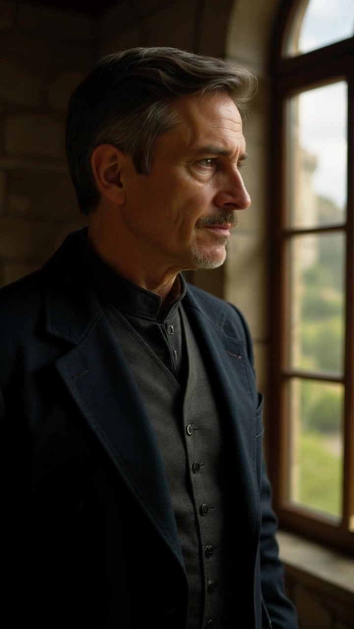 Subject: A middle-aged man with gray hair and a mustache. Subject movement: He shifts his gaze thoughtfully from the window to an unseen point in the room, reflecting a moment of introspection. Scene: Cozy indoor setting with soft natural light streaming through a large window, creating a warm and inviting atmosphere. Motion: Camera slowly pushes in to capture the man's profile in detail, softly emphasizing the light on his face and the textures of his dark jacket and vest.