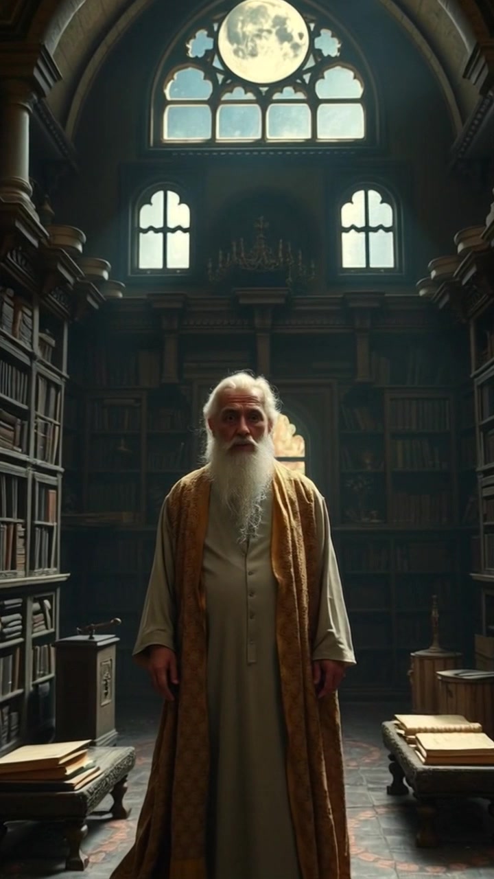 Subject: A person with a shocked expression. Subject movement: The person gasps in surprise, taking a step back, their eyes wide. Scene: A dimly lit room filled with books and various artifacts, shadows dancing across the walls. Style: Moody, subdued lighting creates an air of suspense, with rich textures from the books and artifacts. Motion: Camera slowly pushes in on the person, capturing their surprised expression, then pans to reveal more of the intriguing details around the room.