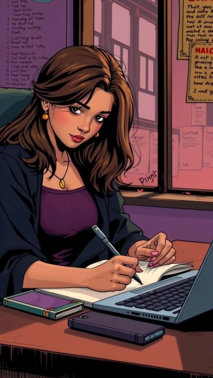Scene: A focused individual seated at a cluttered desk, deeply engaged in writing in a notebook, with a laptop open beside her. Style: Soft, ambient lighting creates a cozy atmosphere, accentuating the warm tones of the desk and personal items. Motion: Camera performs a smooth push-in towards the desk, capturing the intricate details of the writing process, while gently tilting to show the laptop screen, illustrating an inviting, productive workspace.