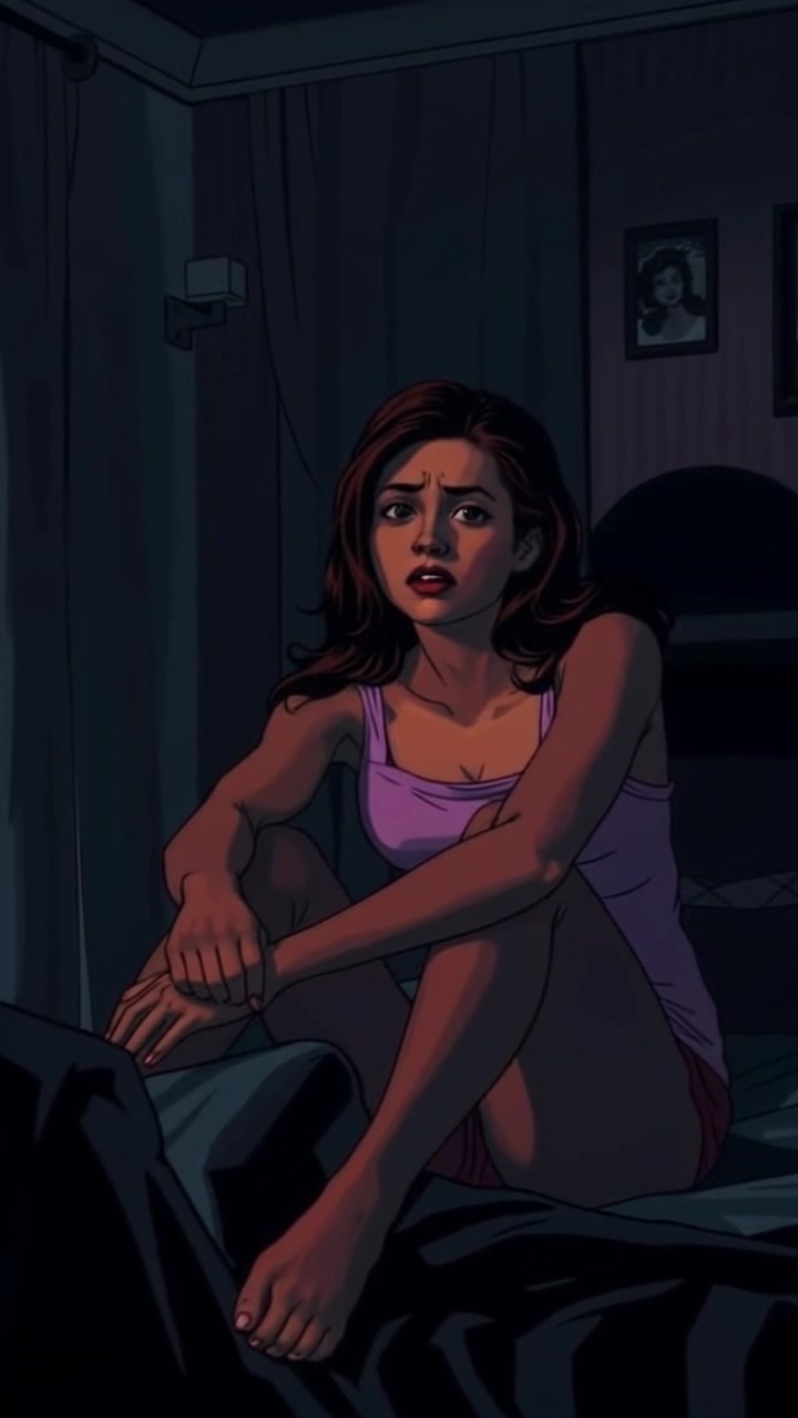 Scene: A dimly lit room filled with deep shadows, featuring a nervous figure sitting on a bed, looking contemplative. Style: Soft, muted lighting that accentuates the somber mood and creates a sense of intimacy. Motion: The camera performs a slow, dramatic push-in towards the subject, gradually revealing her expression amidst the enveloping shadows.